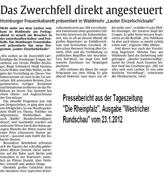 Bericht Rheinpfalz vom 23.1.2012 zum Programm: Lauter Einzelschicksale
