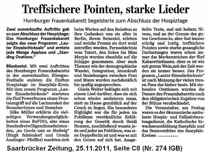 Bericht Saarbruecker Zeitung vom 25.11.2011 zum Programm: Lauter Einzelschicksale