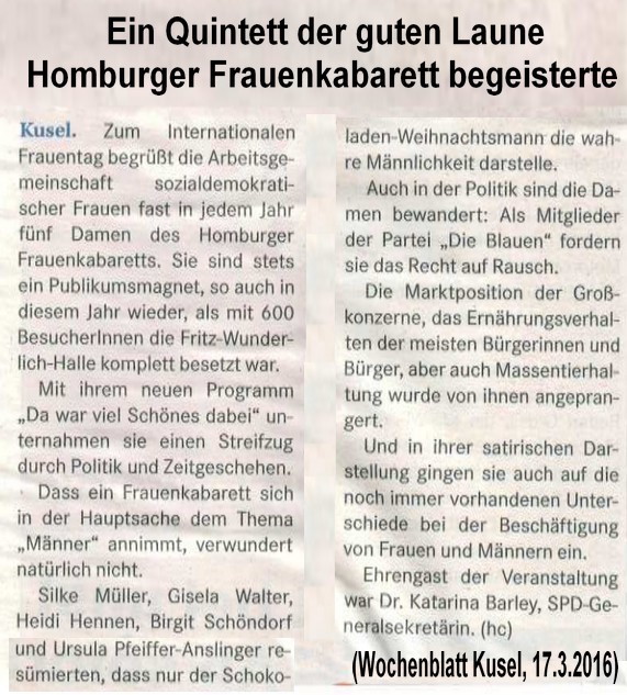 Bericht Wochenblatt Kusel vom 17.3.2016 zum Programm: Da war schon viel Schönes dabei