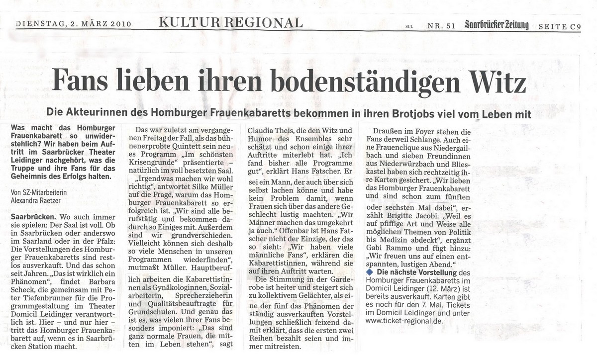 Bericht Saarbrücker Zeitung vom 2.3.2010 zur Aufführung im Lokal Leidinger am 26.2.2010